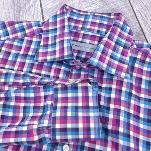 ETRO Milano Shirt Mens 44 XL Blue Purple Check Plaid Button Long Sleeve Top